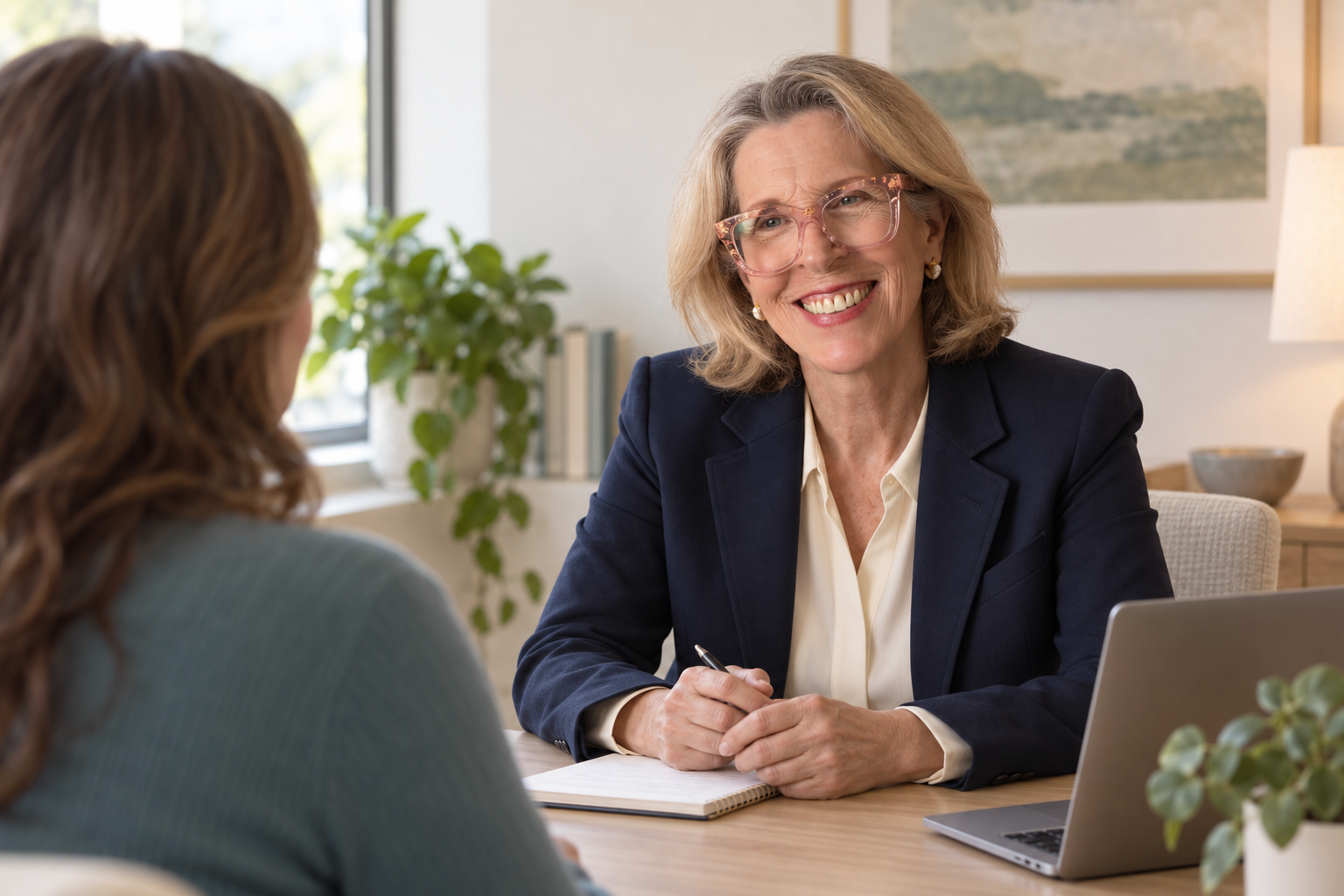 Ellen Poage speaking with a patient in a calm consultation room